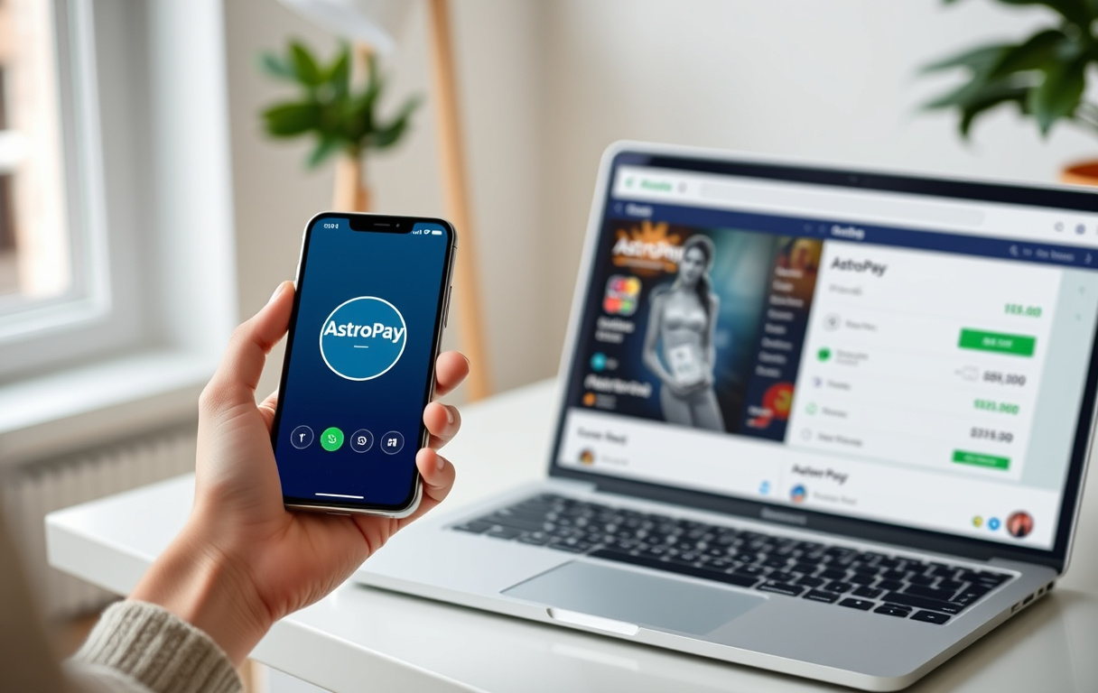 Smarttelefon med AstroPay-app og virtuelt kort ved siden av en laptop med en bettingside