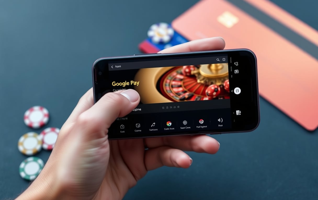 Person som bruker Google Pay på Android-telefon for å sette inn penger på en bettingside med fotballkamp på skjermen.