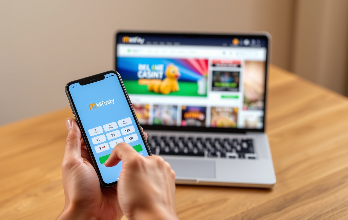 En person som holder en mobiltelefon med en oddsspill-app, innskuddsskjerm med MiFinity-logo synlig.