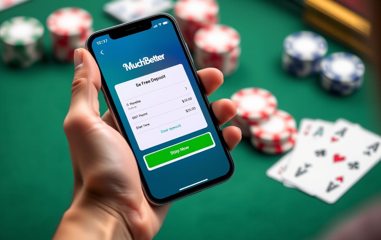 Person som holder en mobiltelefon med Muchbetter-appen åpen, viser innskuddsskjerm i norske kroner, med en bettingside i bakgrunnen.