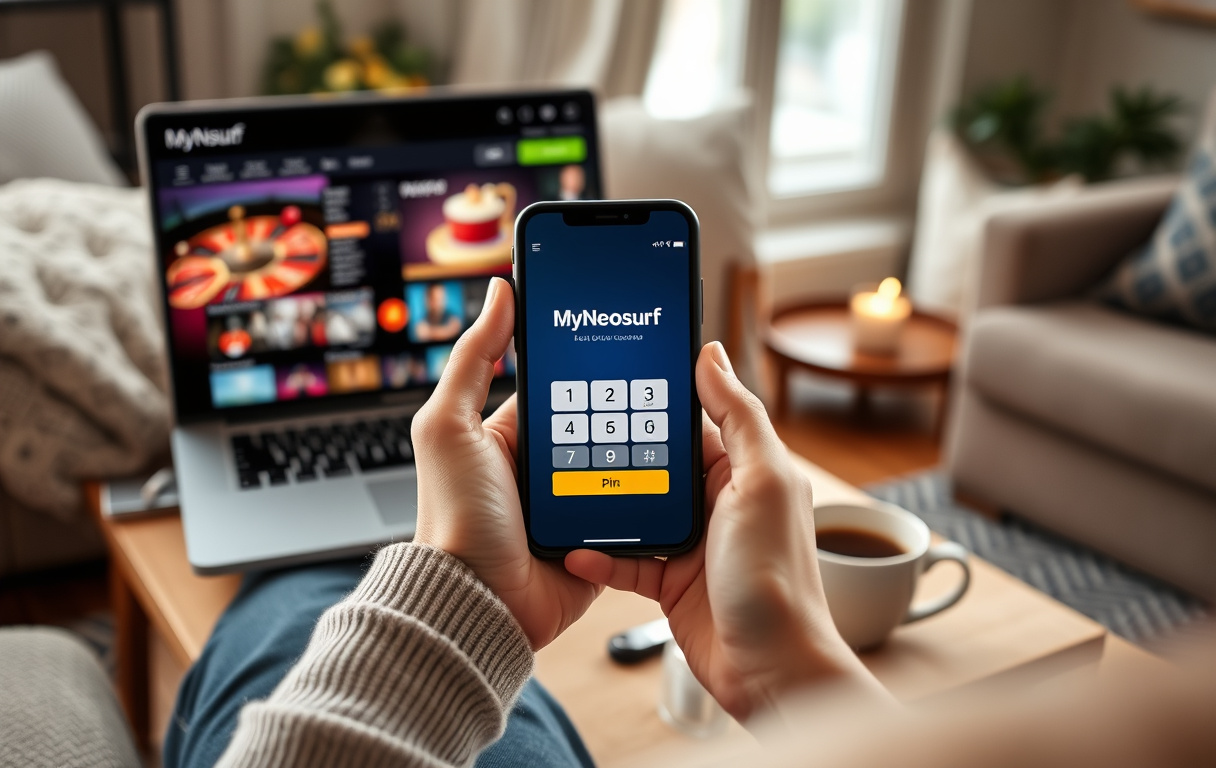 Neosurf-kupong med PIN-kode liggende på et skrivebord ved siden av en laptop med en sportsbook og en mobiltelefon med MyNeosurf-appen.