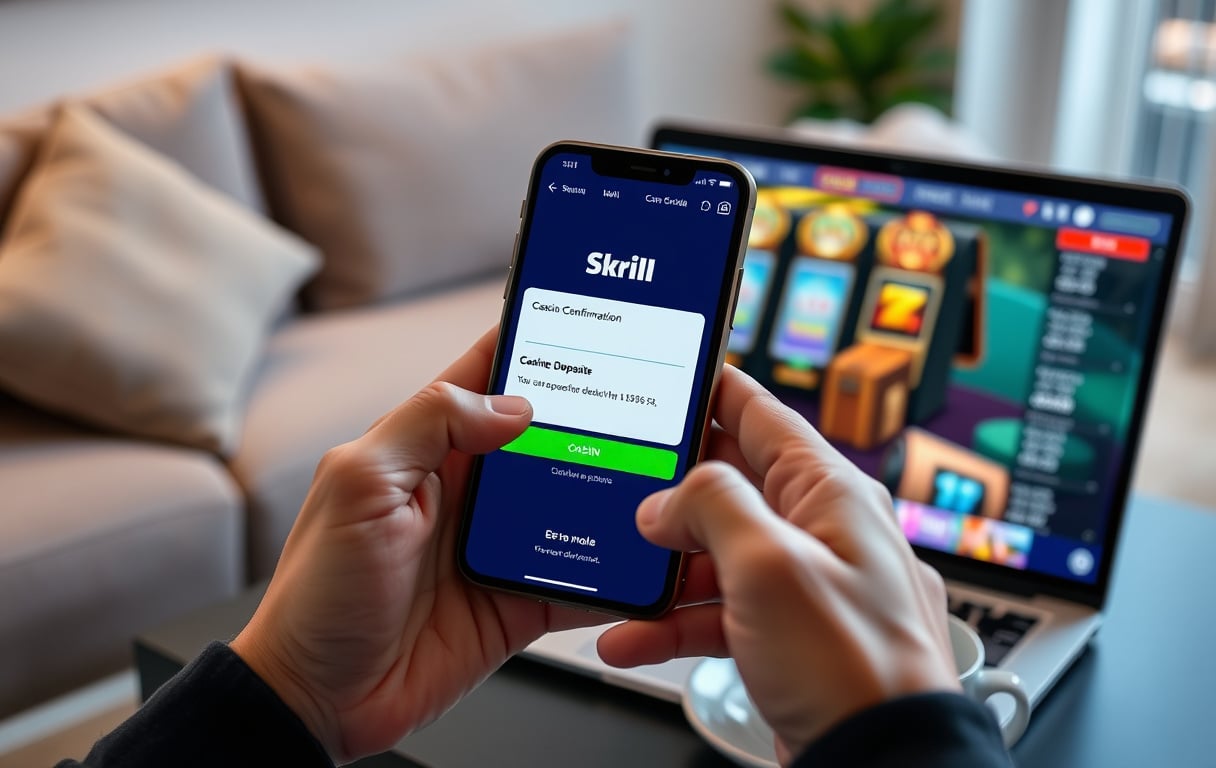 Person som bruker Skrill på mobil og laptop for betting