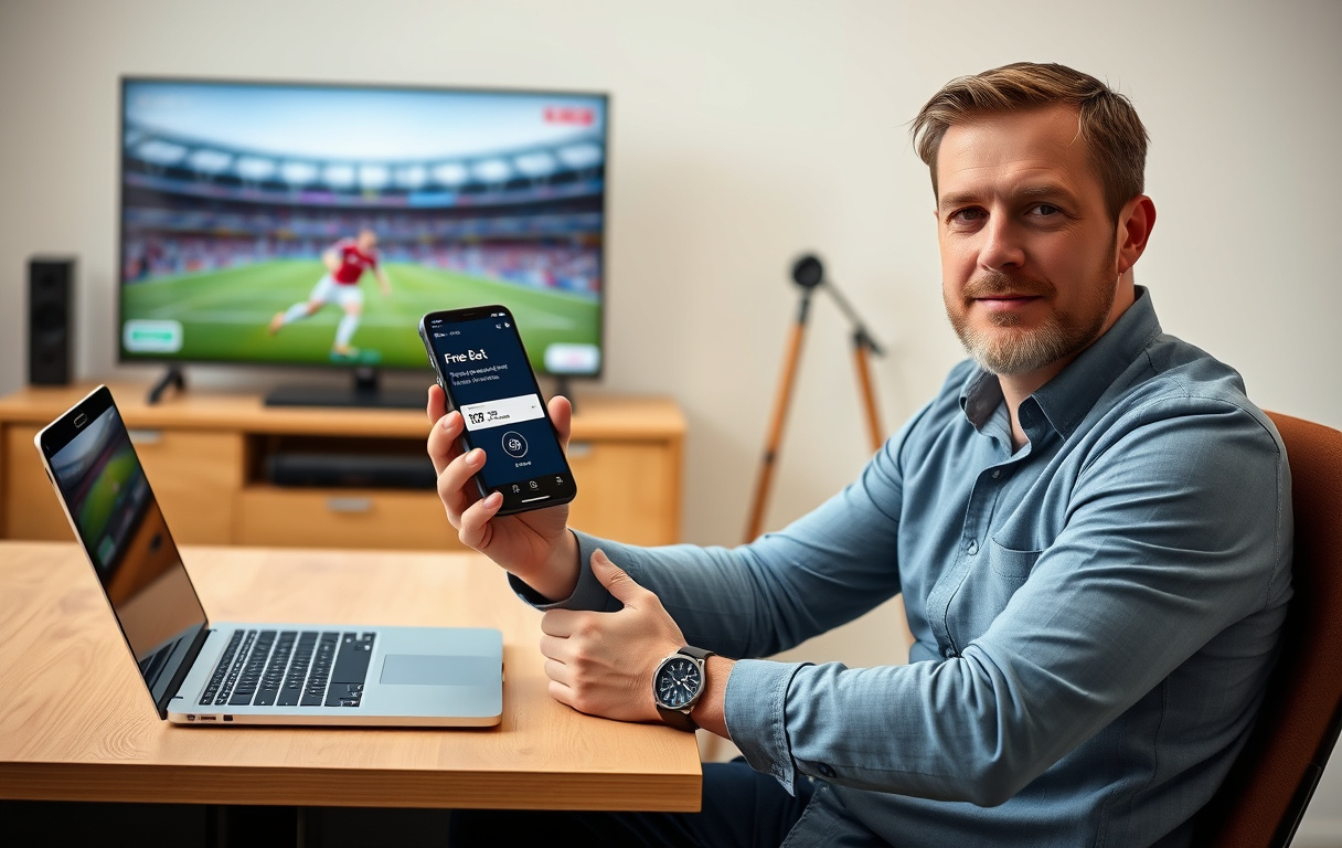 Norsk mann som sjekker gratisspill-tilbud på mobilen foran en laptop med fotballkamp på TV