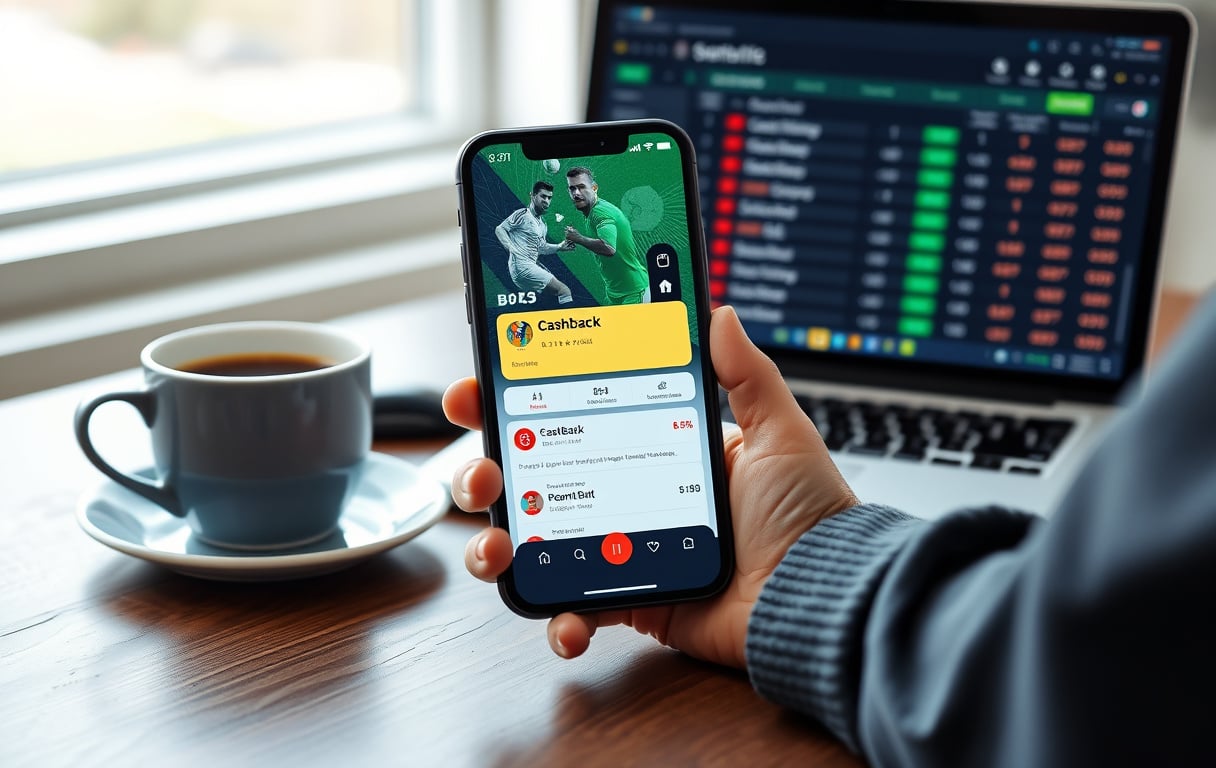 Person med mobil som viser cashback-tilbud på odds-app, med kaffekopp og laptop på bordet.