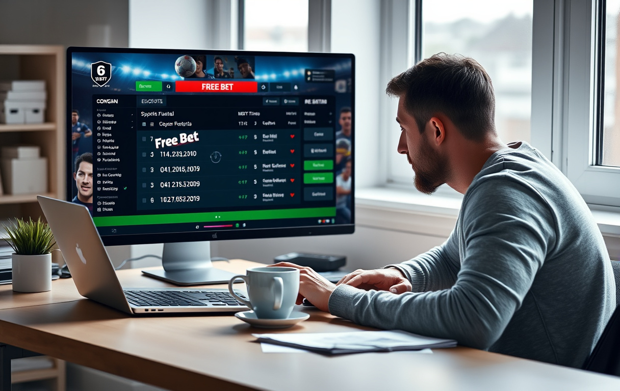 Norsk spiller som analyserer odds på en laptop med kaffekopp og gratisspill-badge