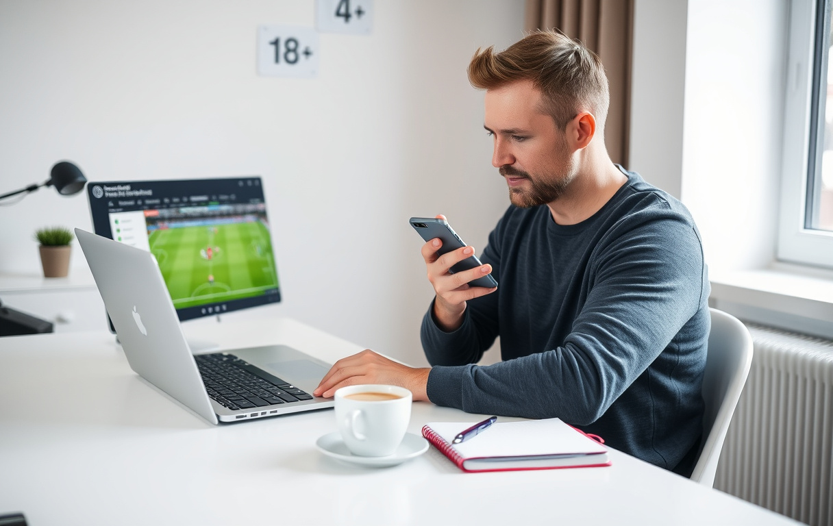Norsk mann sammenligner odds på laptop og mobiltelefon, med kaffekopp og notatblokk.