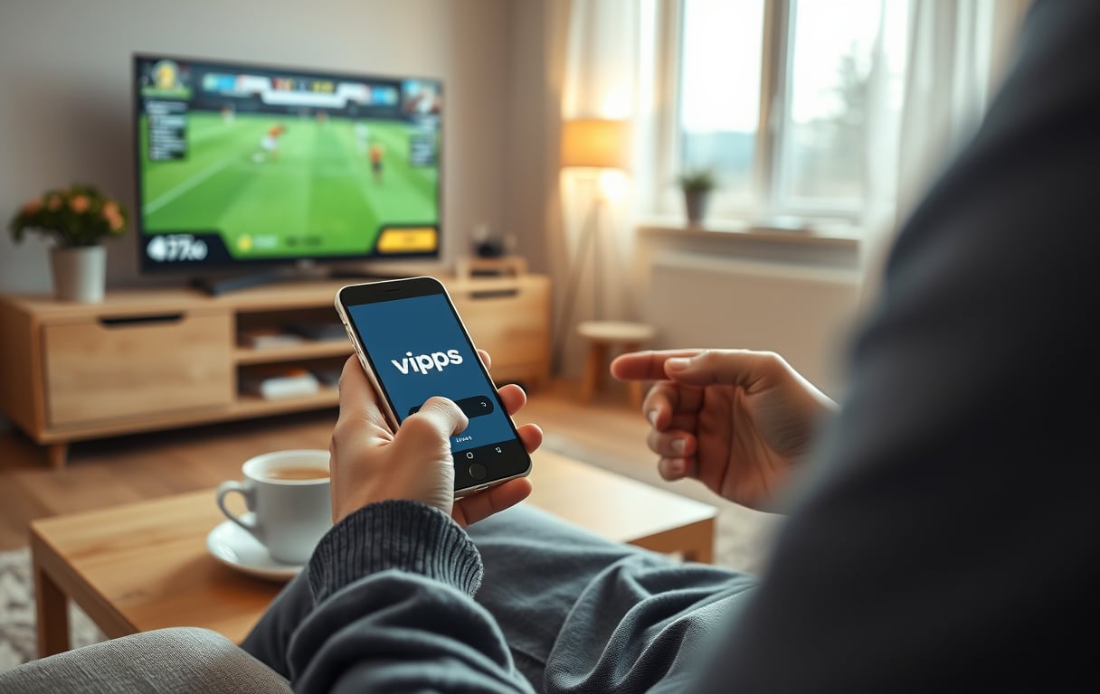 Person som setter inn penger på en bookmaker via Vipps på mobilen, med fotballkamp på TV i bakgrunnen.