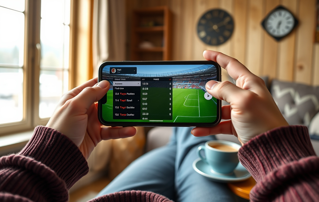 Person som tipper på mobil under en fotballkamp, med odds synlig på skjermen.
