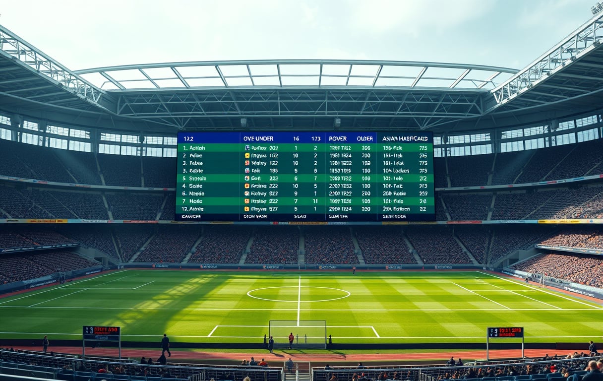 Stor odds-tavle på en fotballstadion med ulike markeder