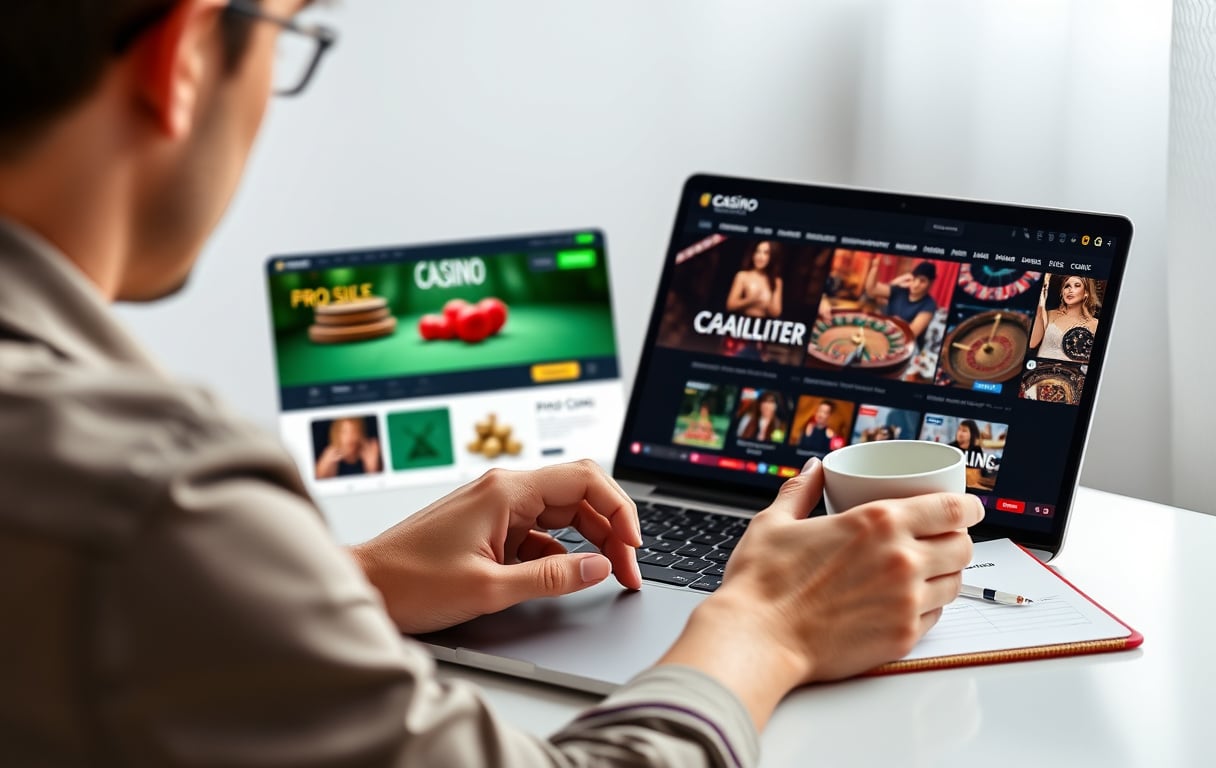 Sammenligning av nettcasinoer på laptop med notatblokk og kaffe.