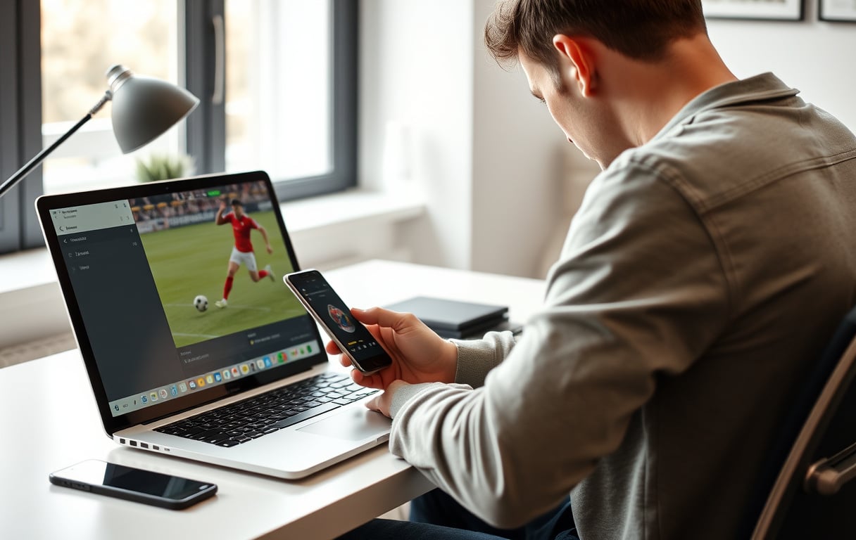 Person som sammenligner bettingodds på mobil og PC