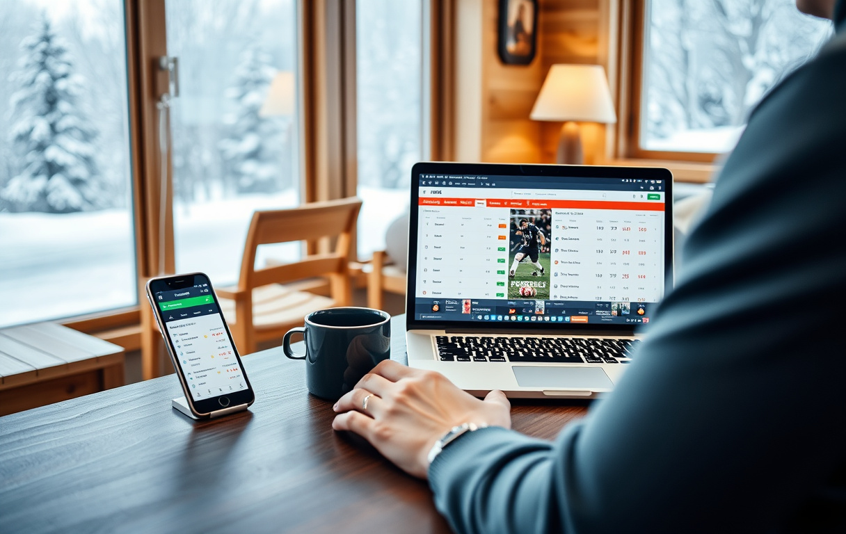 Person som sitter ved et skrivebord med en bærbar PC som viser en bettingside for fotball, med kaffekopp og mobiltelefon. Bakgrunn: koselig norsk stue med snølandskap utenfor vinduet.