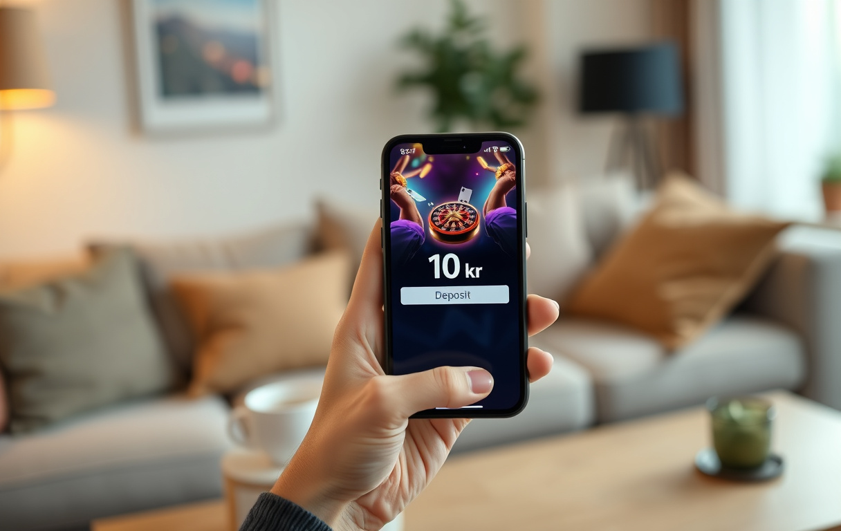 Person som setter inn 10 kroner på et mobilcasino, med en kopp kaffe ved siden av.