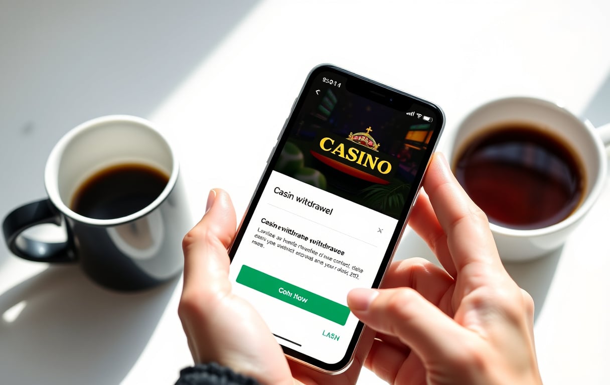 Person som holder en mobiltelefon med uttakskvittering fra et casino, kaffekopp ved siden av.