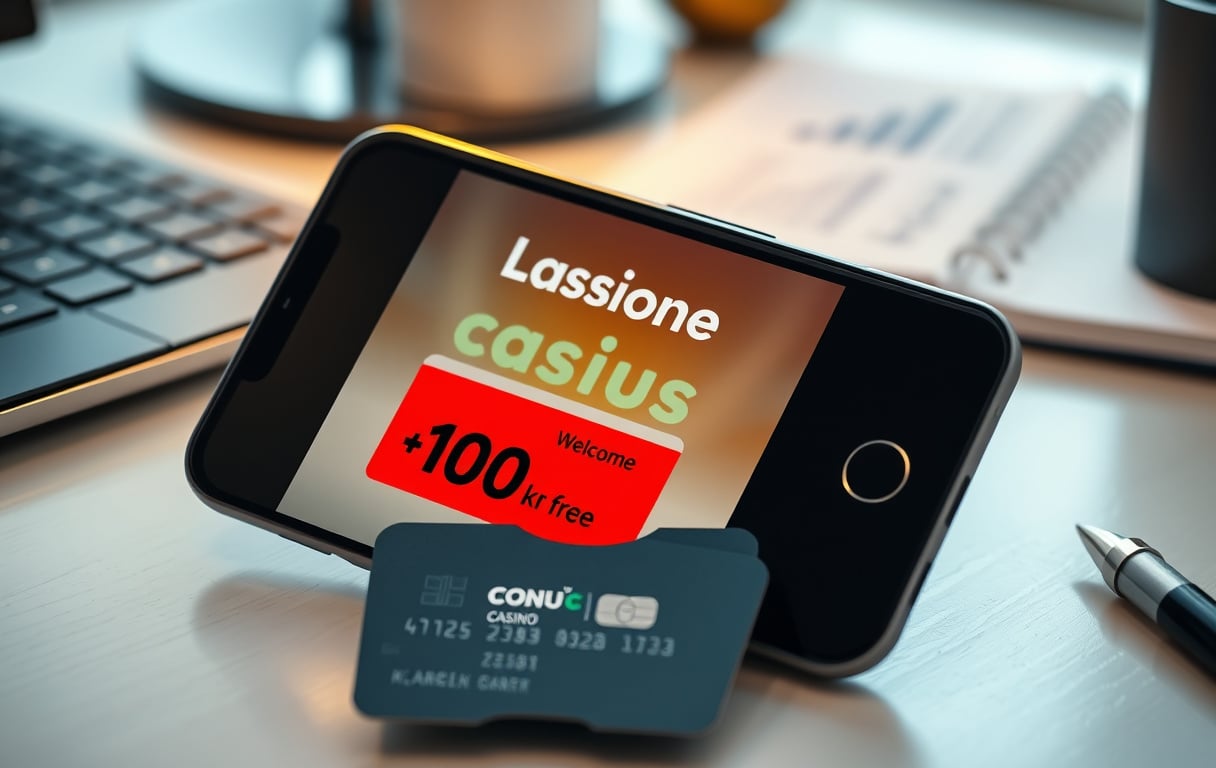 Smarttelefon med gratis casino-bonus på 100 kr uten innskudd, kredittkort ved siden av, grønt flueben i bakgrunnen.