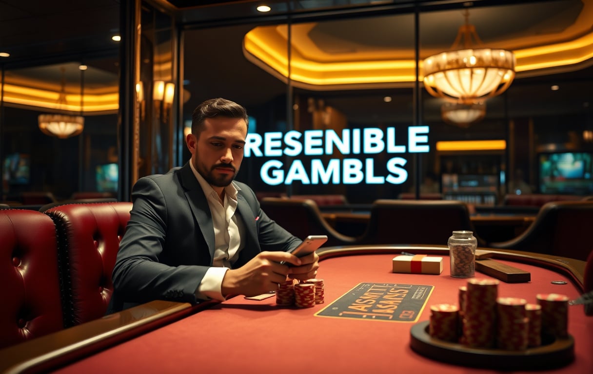 Highroller spiller ved et luksuriøst casino med mobil og sjetonger