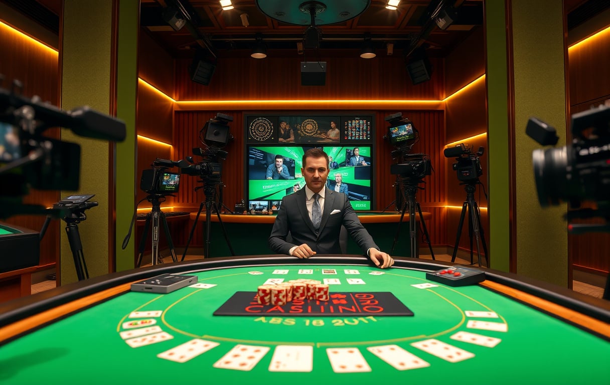 Live casino-studio med dealer ved blackjack-bord og flerkameraproduksjon