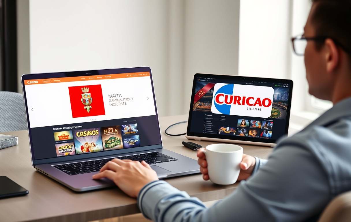 En person sammenligner to casino-nettsider på en bærbar PC, med fokus på lisenslogoer