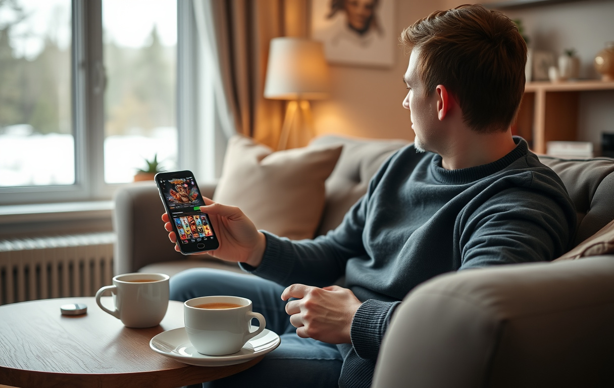 Person som spiller på et nettcasino på mobilen i en norsk stue