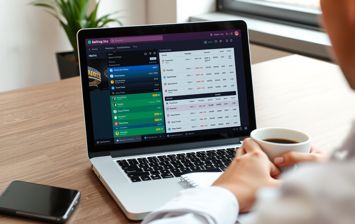 Person som sammenligner bettingsider på laptop med notater og kaffekopp