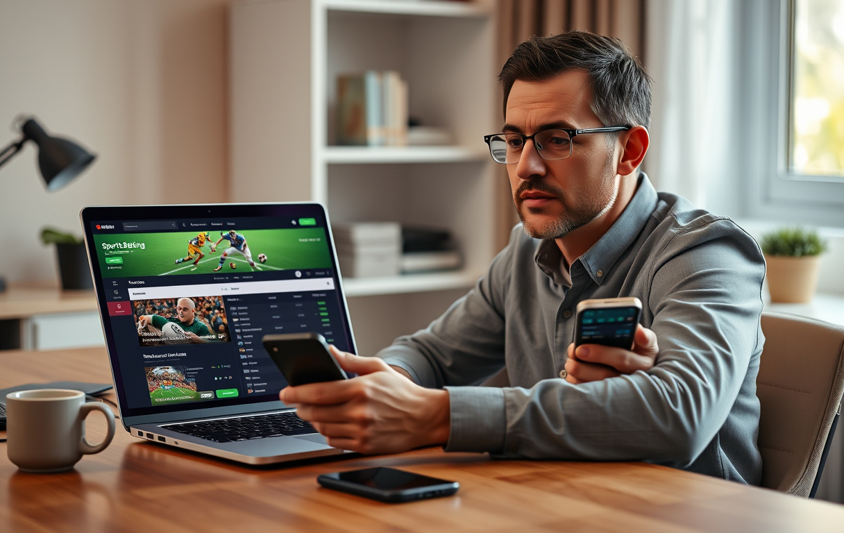 En person som sammenligner odds på bærbar PC og mobiltelefon.