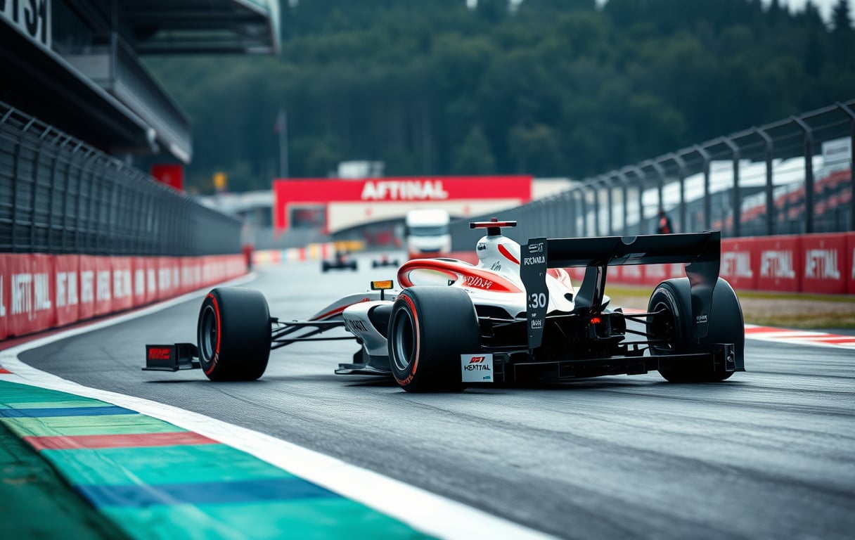 Formel 1-bil på våt bane med odds-tavle i forgrunnen