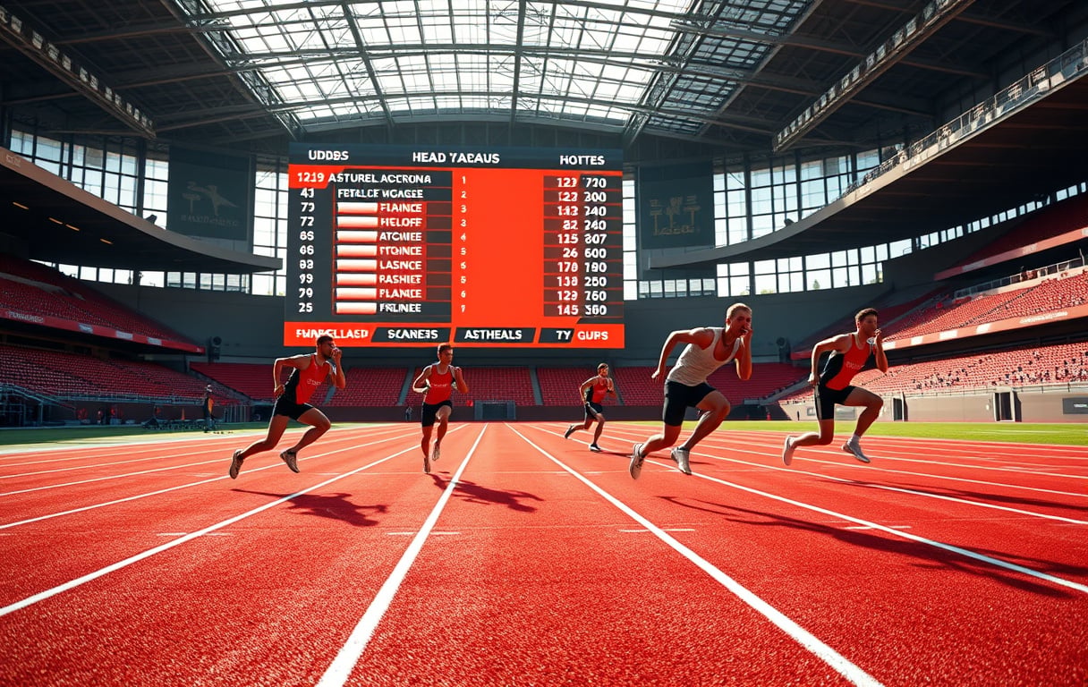 Sprintere på løpebane med odds og head-to-head info på storskjerm