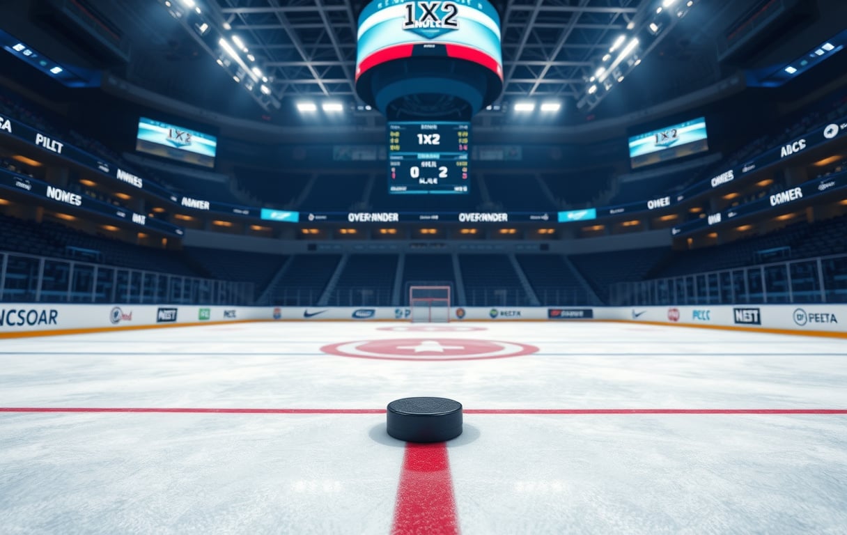Ishockeybane sett ovenfra med oddsmarkeder og målstreker på isen.