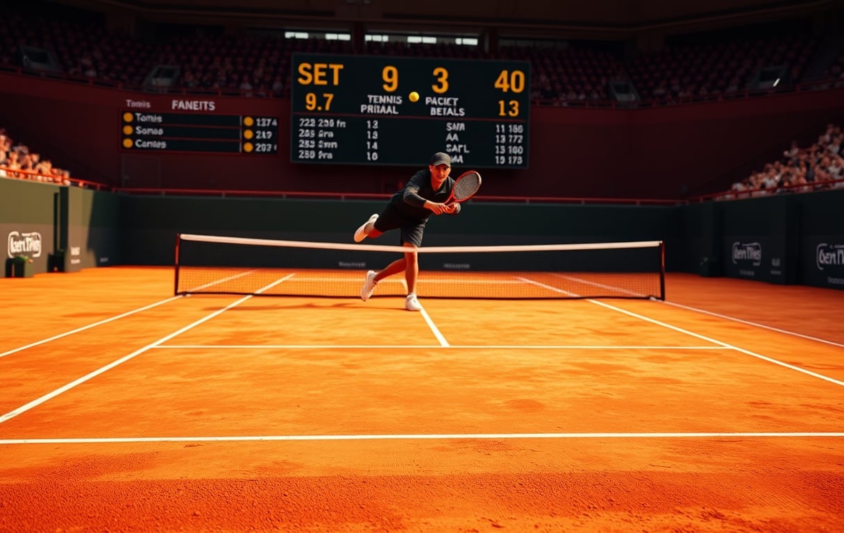 Tennisbane med spiller i serve, scoreboard og odds-visning, redaksjonell stil